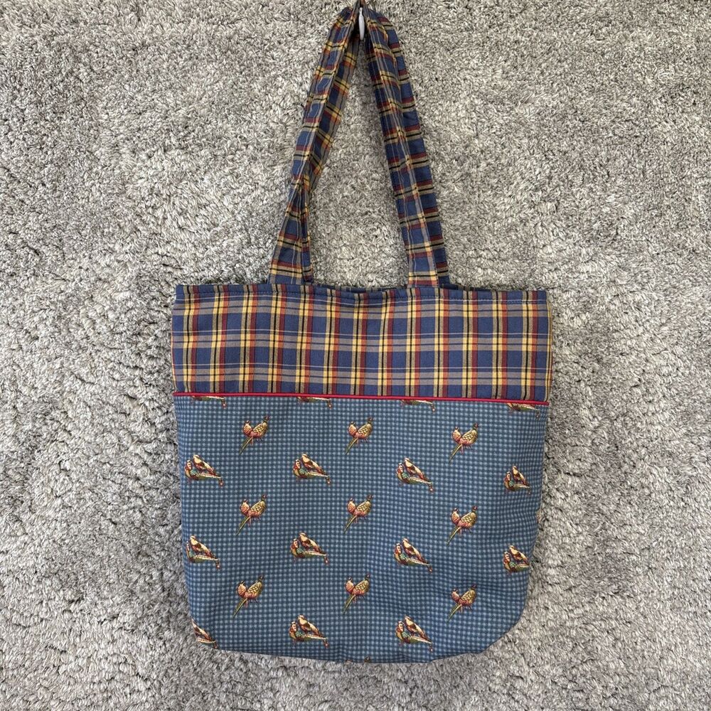 Vintage Plaid Tote Bag Birds Outdoor Blue Large 90s